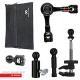 Infinity Arm Master Kit components including cine arm, clamps, and quick-release tips in a protective pouch.