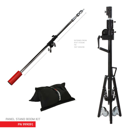 Panel Stand Boom Kit with stand, boom arm, and sandbag for dynamic lighting setups.