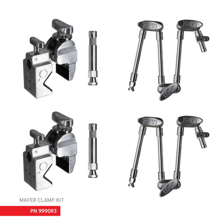 Mafer Clamp Kit featuring two clamps, two flex arms, and snap-in pins for versatile rigging solutions in professional settings.