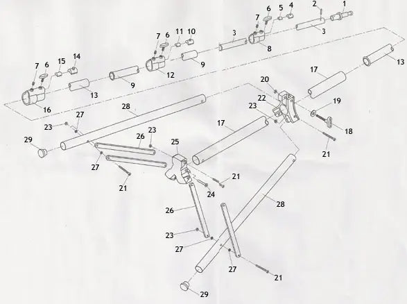 Illustrated diagram of a complex mechanical assembly with numbered components and interconnecting parts.