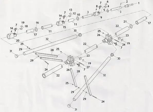 Exploded diagram of mechanical assembly parts with numbered labels and components arranged in detail.