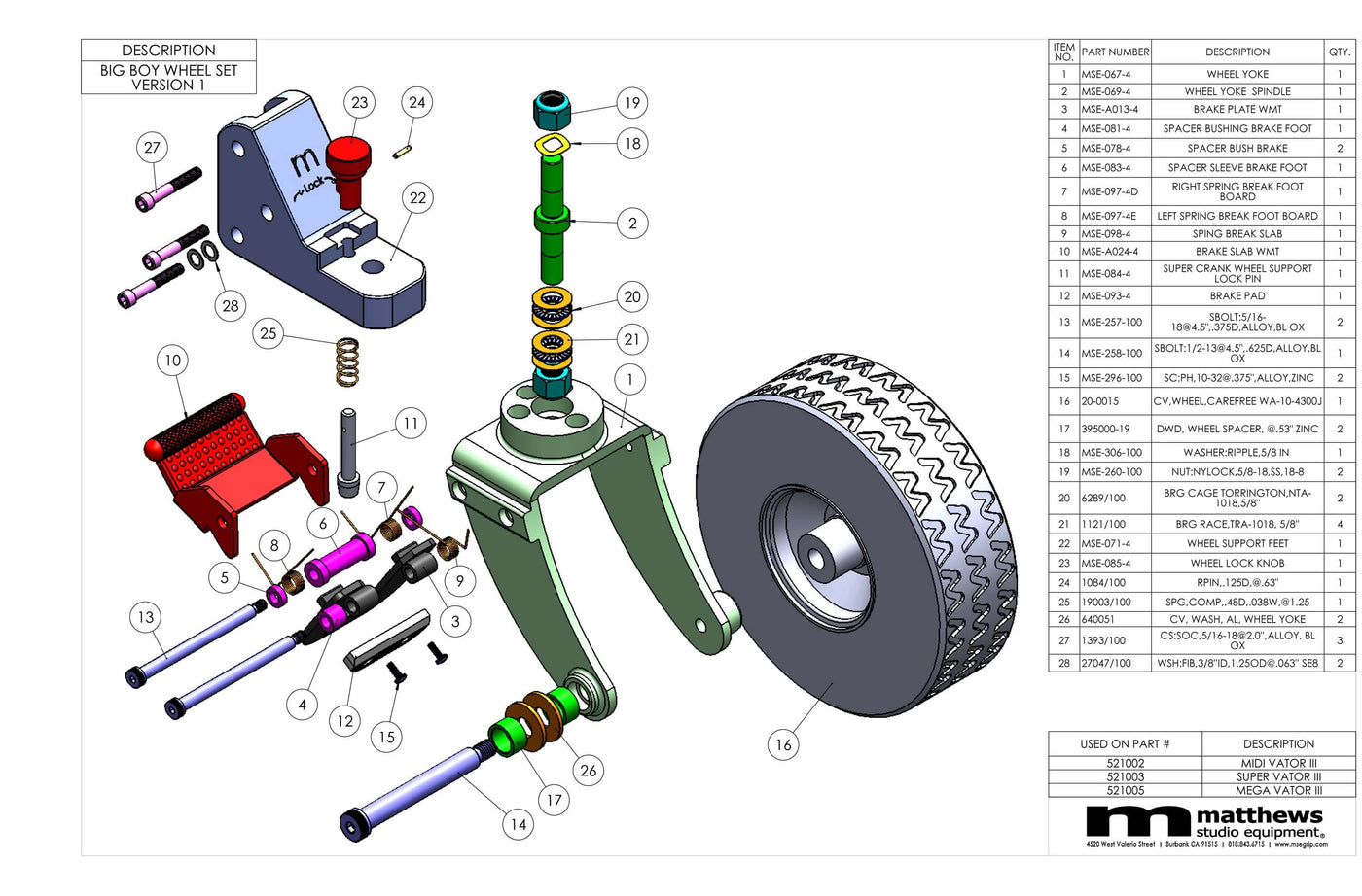 Exploded diagram of Big Boy wheel set version 1 showing individual components and assembly parts from Matthews Studio Equipment.