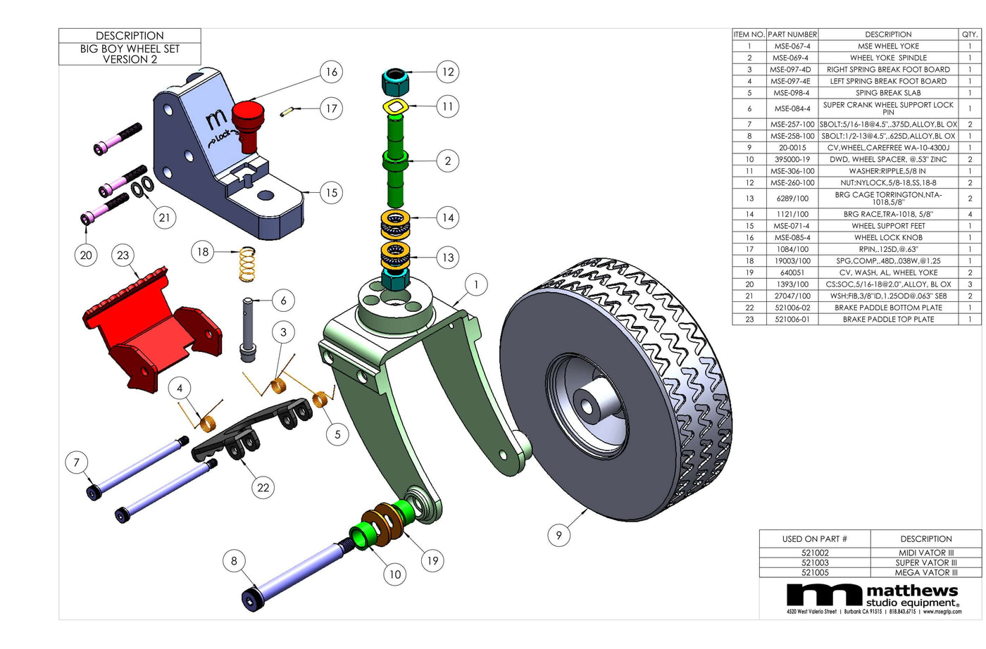 Exploded view of Big Boy Wheel Set version 2 by Matthews Studio Equipment, showcasing components and assembly parts.