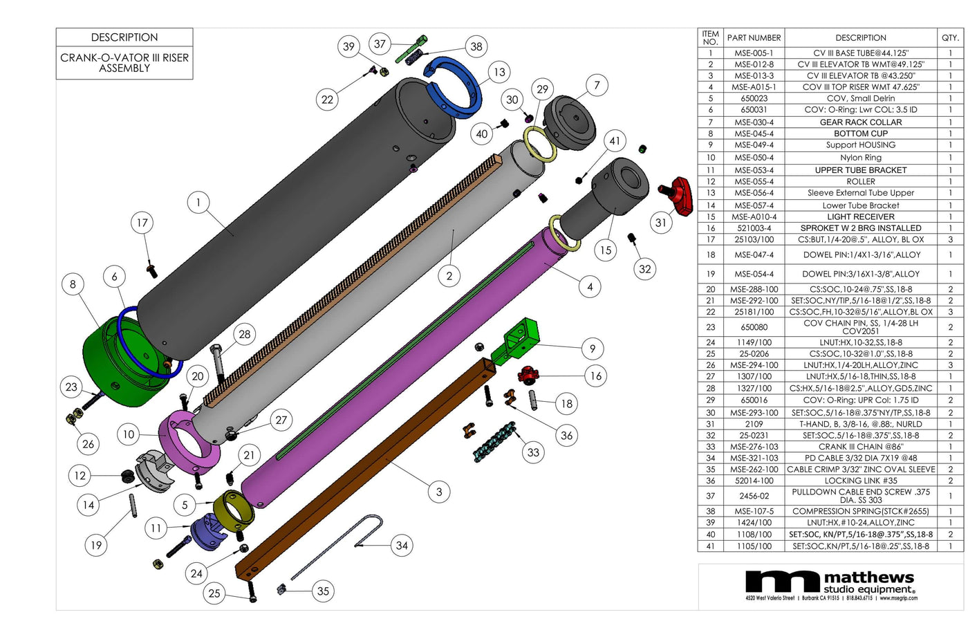 Exploded view of Crank-O-Vator & Riser Assembly with parts list from Matthews Studio Equipment.