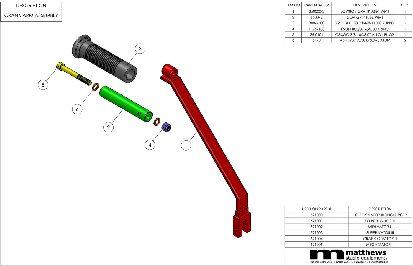 Exploded view of Matthews crank arm assembly with labeled parts, including handle, cap, and rod components.