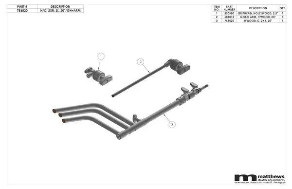 Studio equipment diagram featuring a Matthews Gobo arm, Hollywood grip head, and knucklehead with part numbers.