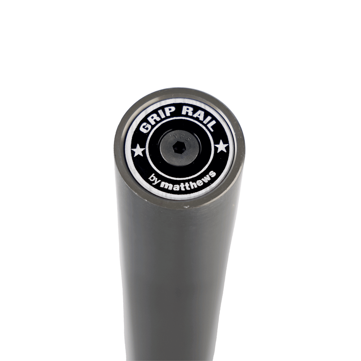 Grip Rail telescoping grid pipe from Matthews Studio Equipment, showcasing the top view and logo design.