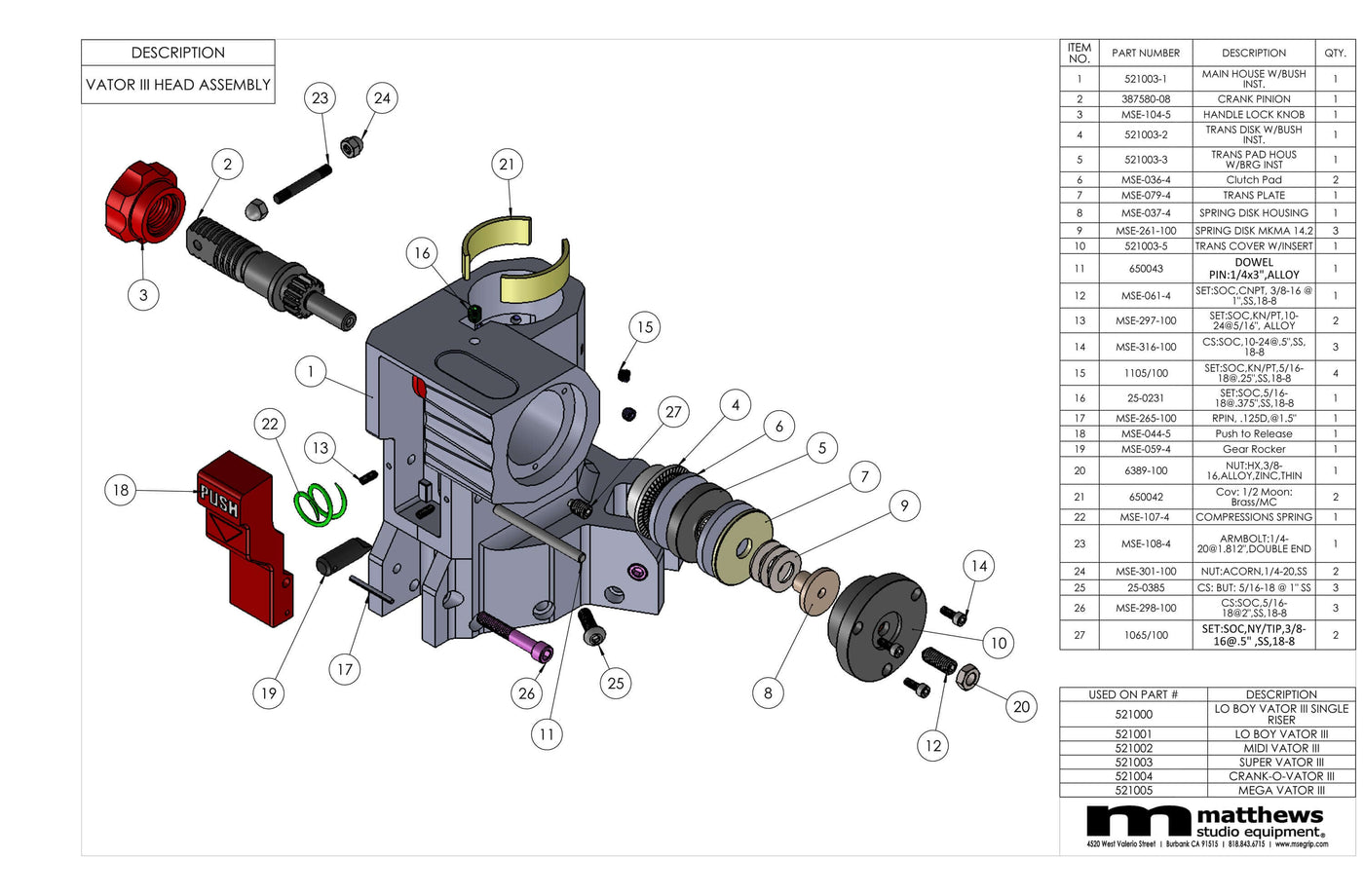 Exploded view of Vator II head assembly with parts list from Matthews Studio Equipment.