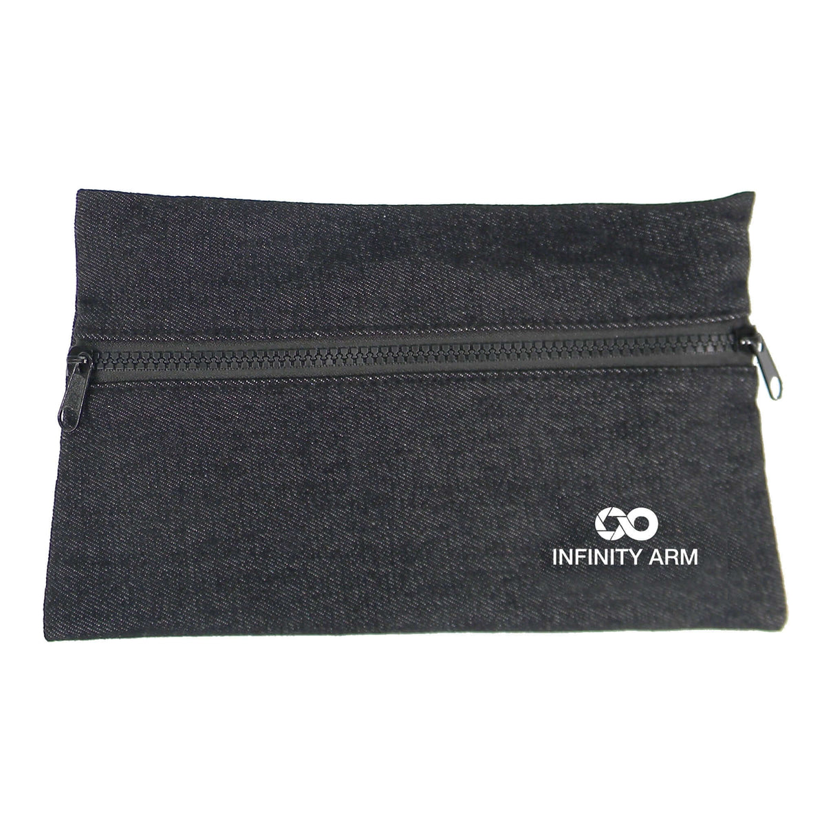 Black zippered pouch featuring the Infinity Arm logo, perfect for storing rigging accessories.