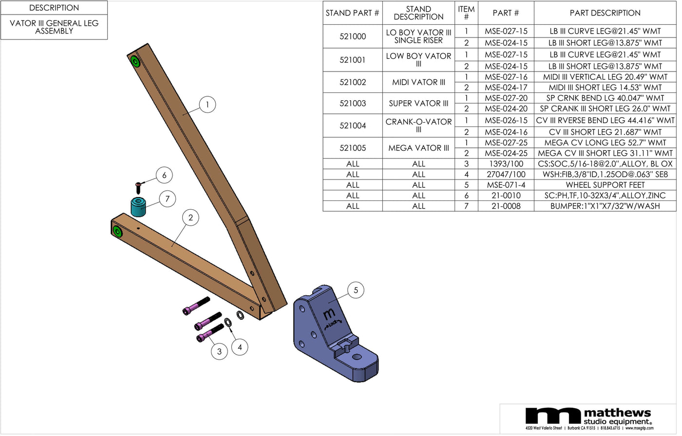 Illustration of Vator II general leg assembly with a parts list and Matthews logo, showcasing stand and components.