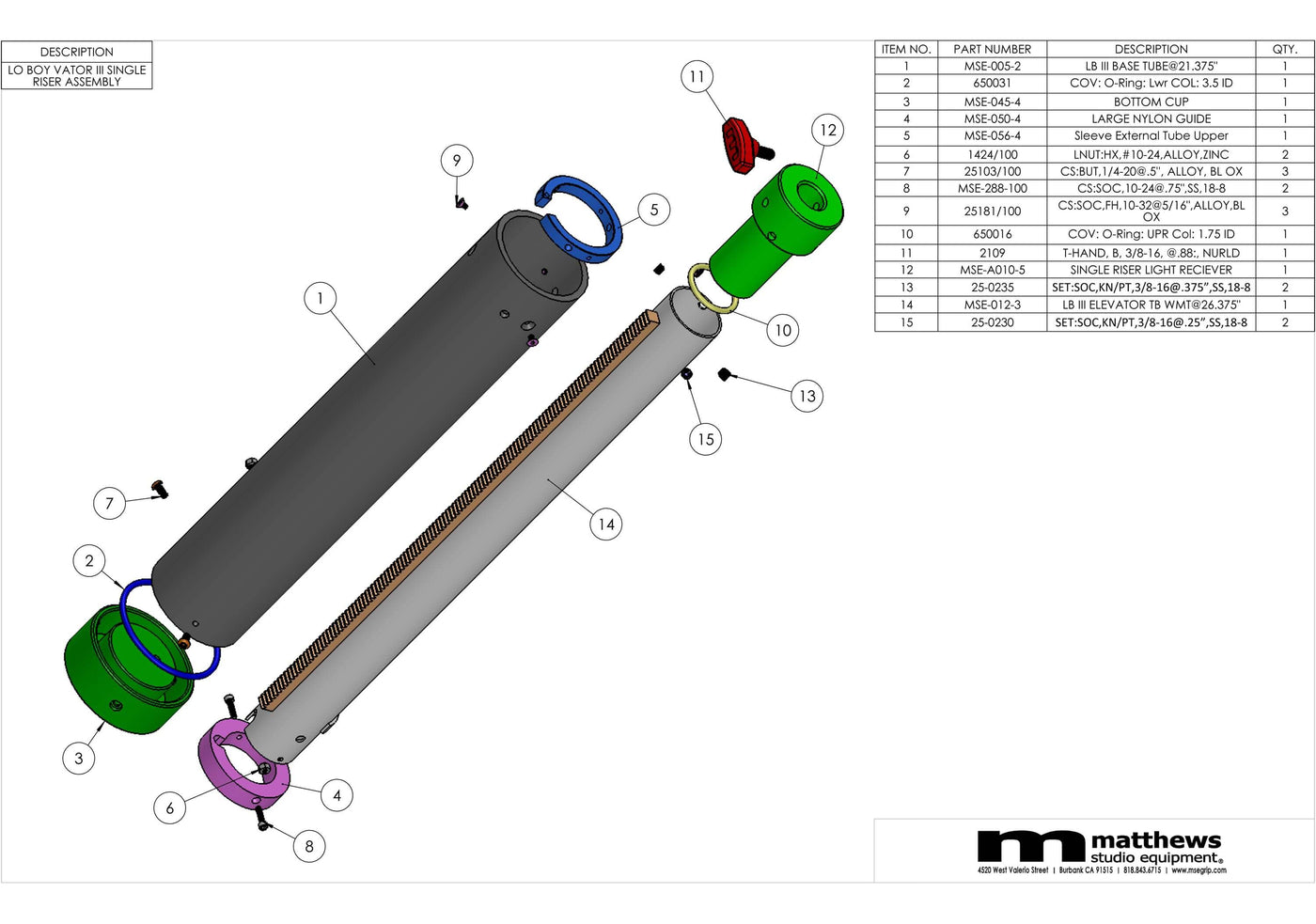 Exploded view diagram of Matthews studio equipment parts with detailed labeling and part list table.