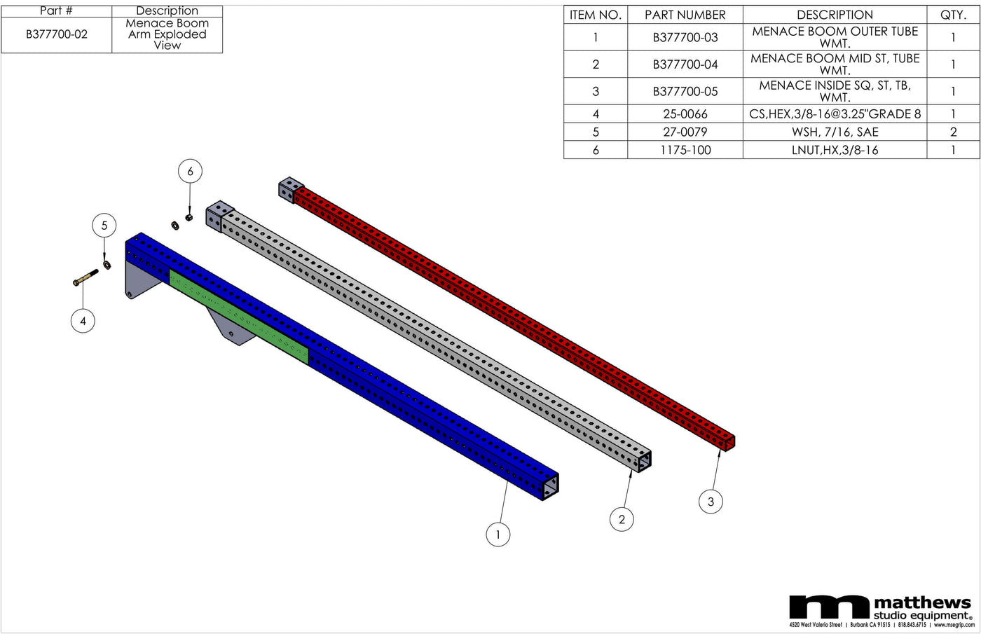 "Menace Boom Arm Exploded View with Part Numbers and Descriptions"