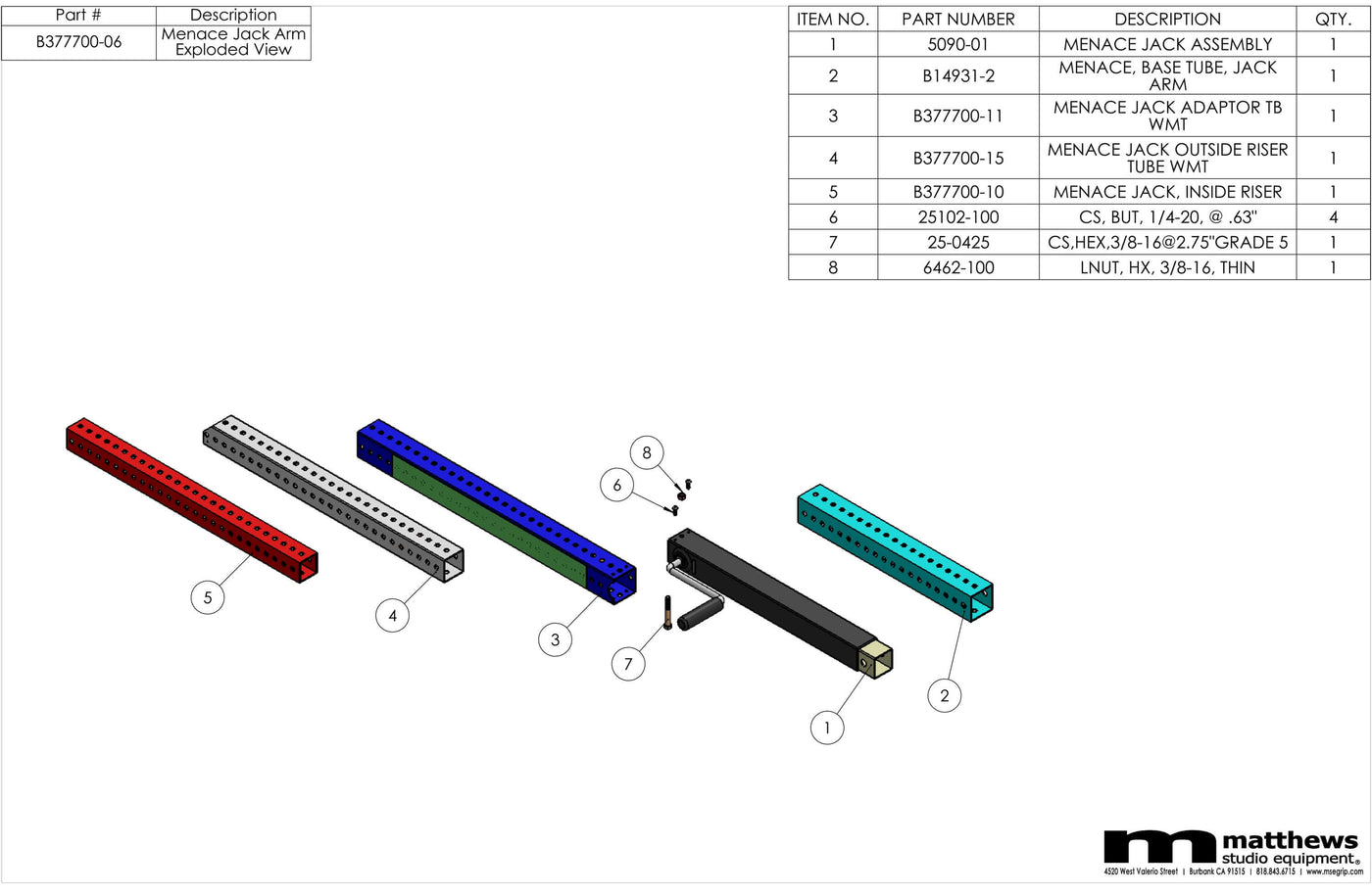 Exploded view of Menace Jack Arm assembly with parts list and descriptions by Matthews Studio Equipment.