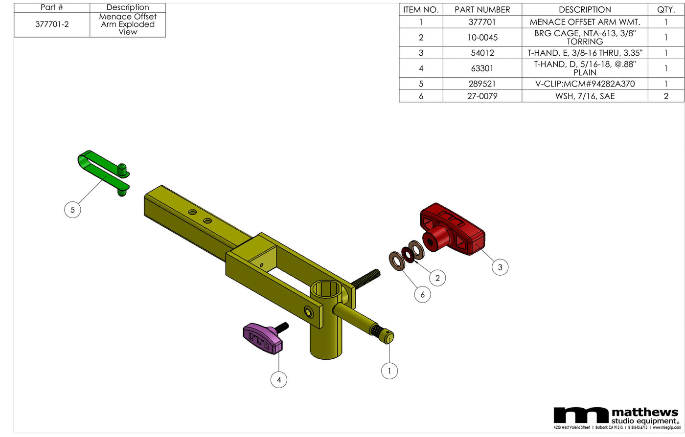 Exploded view of Menace Offset Arm with part numbers and descriptions from Matthews Studio Equipment.