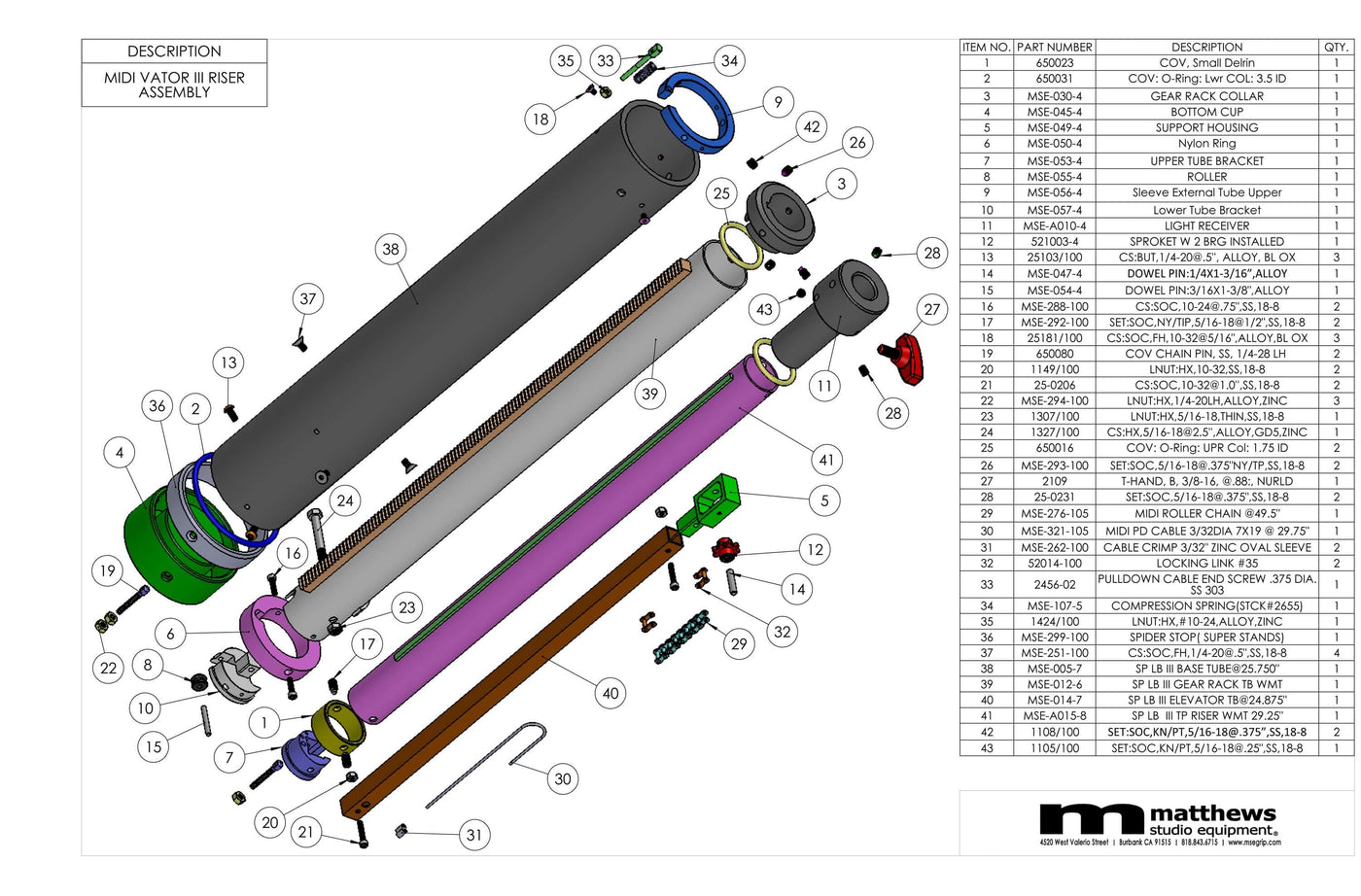 Exploded view of matthews studio equipment assembly components with part numbers and descriptions.