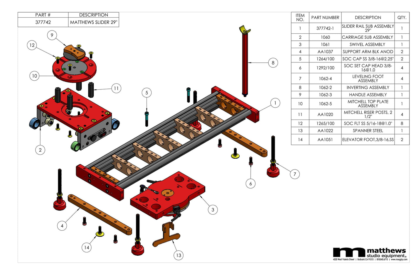 Exploded diagram of Matthews Slider with labeled components and assembly details.