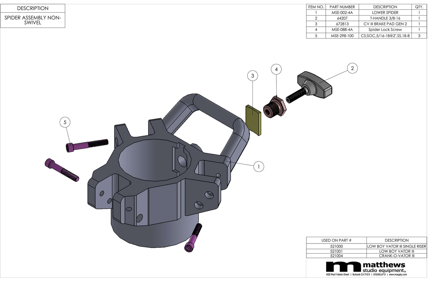 Diagram of spider assembly non-swivel part with labeled components and screws, featuring Matthews Studio Equipment branding.