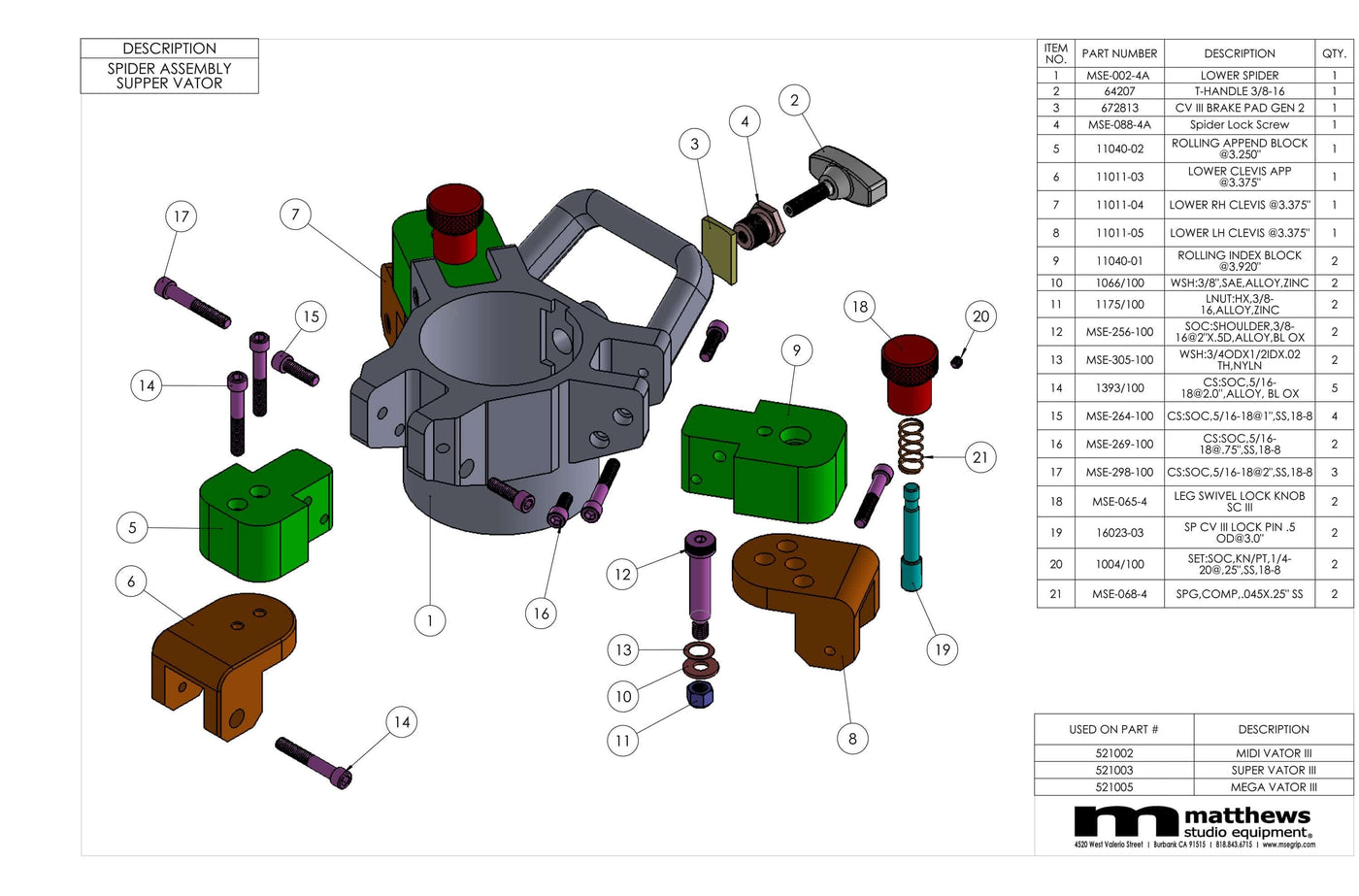 Exploded view of Super Vator spider assembly with detailed parts list by Matthews Studio Equipment.