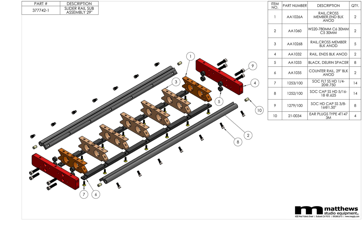 Exploded view diagram of a slide rail assembly from Matthews studio equipment, showing detailed parts and descriptions.