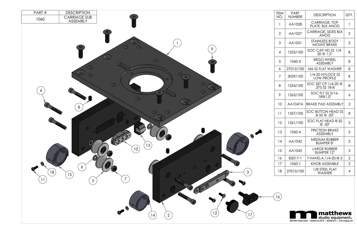 Exploded view of a carriage sub assembly with labeled components and parts list by Matthews Studio Equipment.