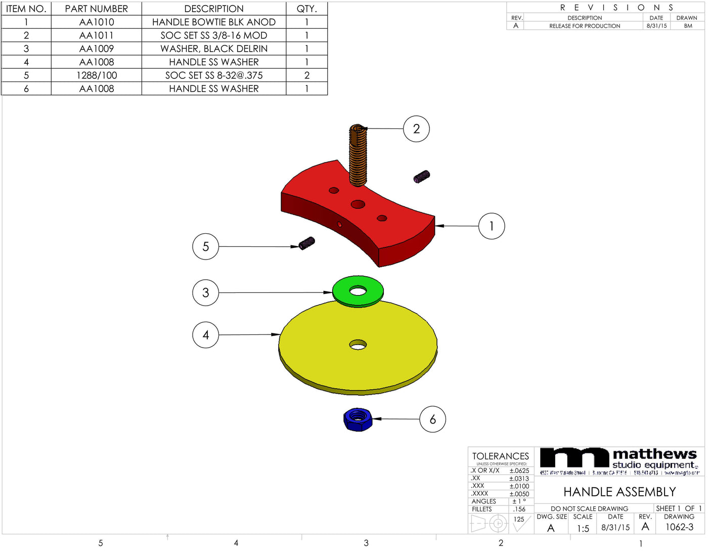 Technical diagram of handle assembly with labeled parts and specifications from Matthews Studio Equipment.