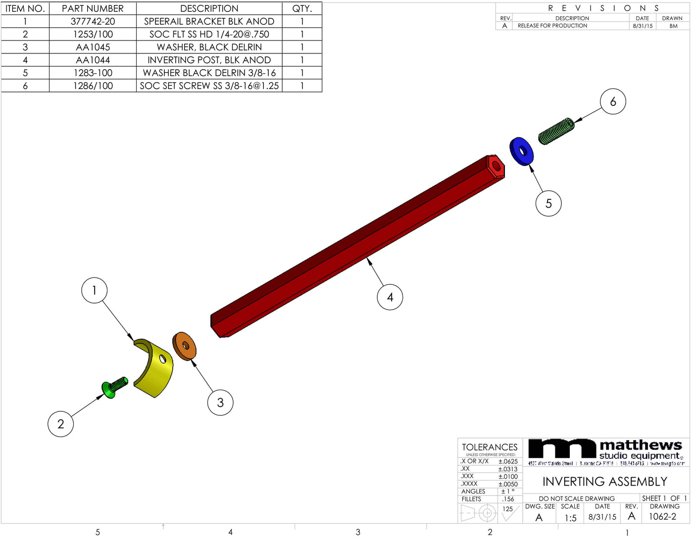 Exploded view of inverting assembly parts with numbered labels, including screws, washers, and brackets for Matthews studio equipment.