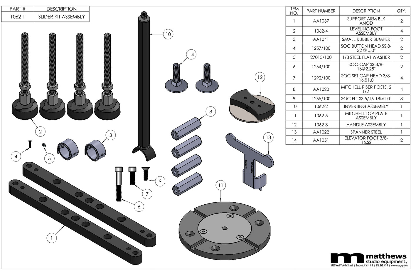 Diagram of slider kit assembly with various parts, labeled descriptions, and quantities from Matthews studio equipment.