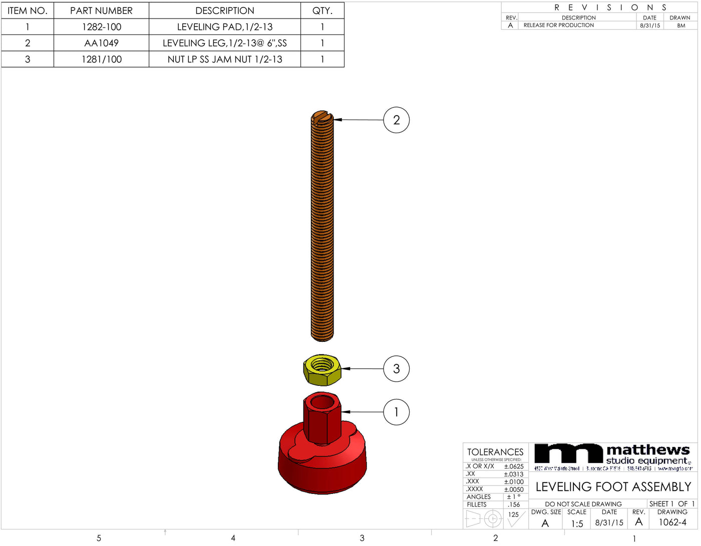 Exploded view of leveling foot assembly with parts labeled, including leveling pad, leg, and jam nut by Matthews Studio Equipment.