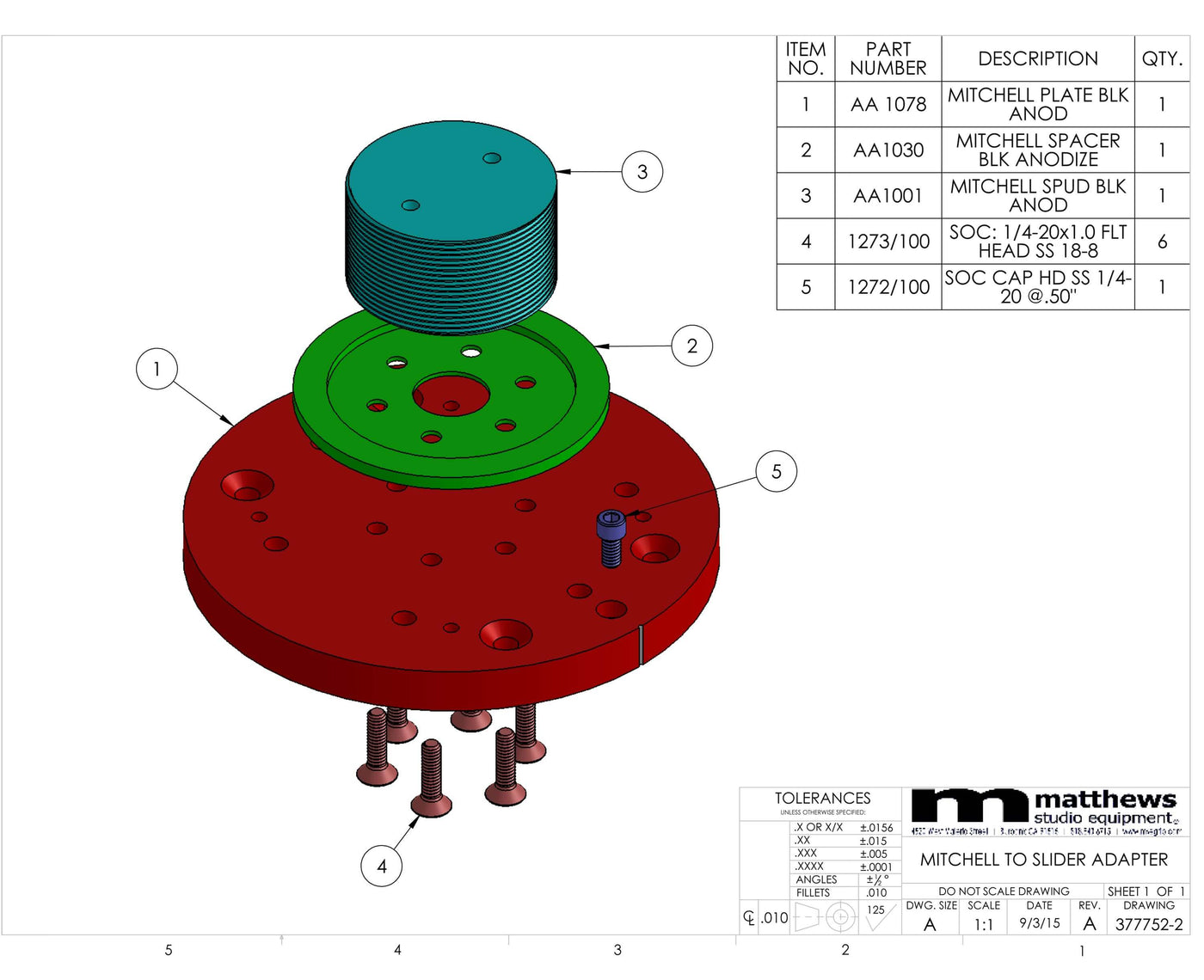 Exploded view of a Mitchell to Slider Adapter assembly with labeled parts and specifications from Matthews Studio Equipment.