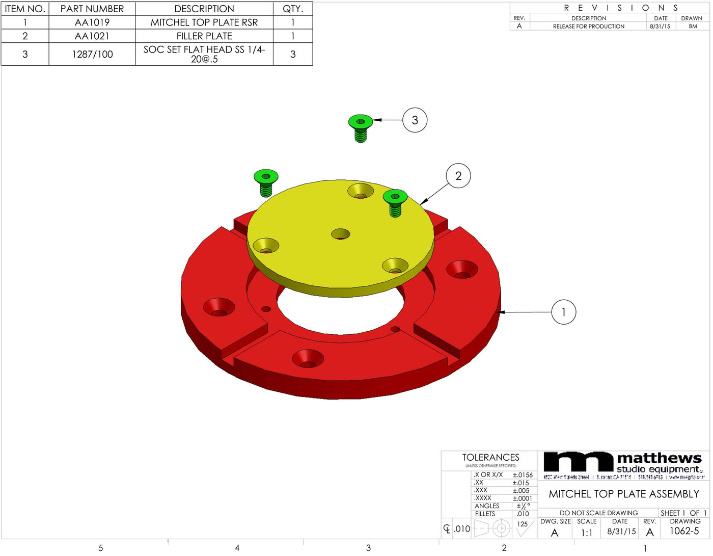 Exploded view of the Mitchell top plate assembly with labeled components and specifications by Matthews Studio Equipment.