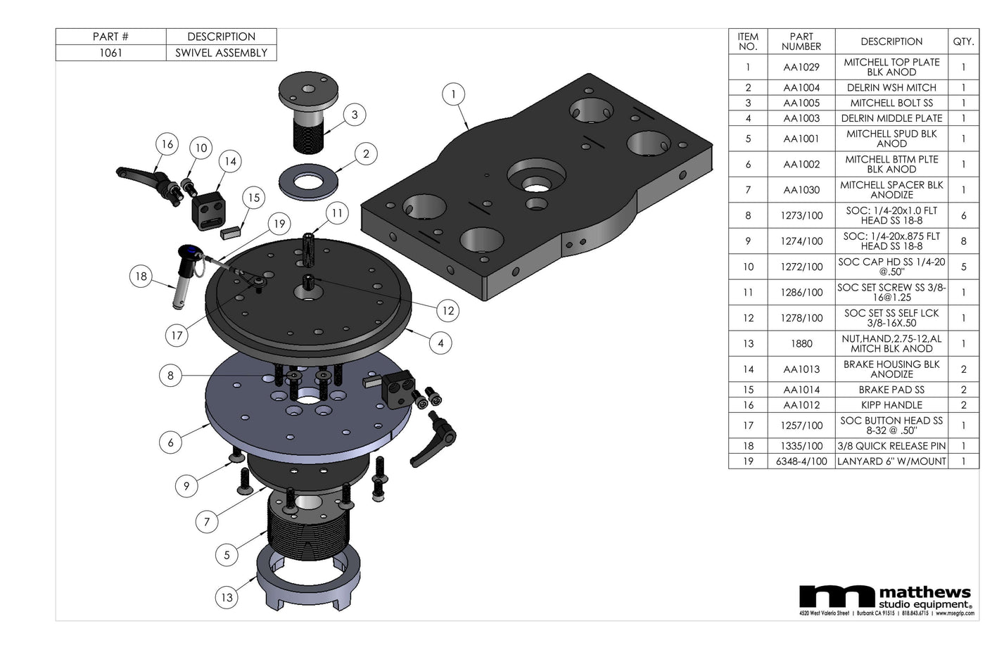 Exploded view of Matthews swivel assembly with labeled parts and specifications sheet.