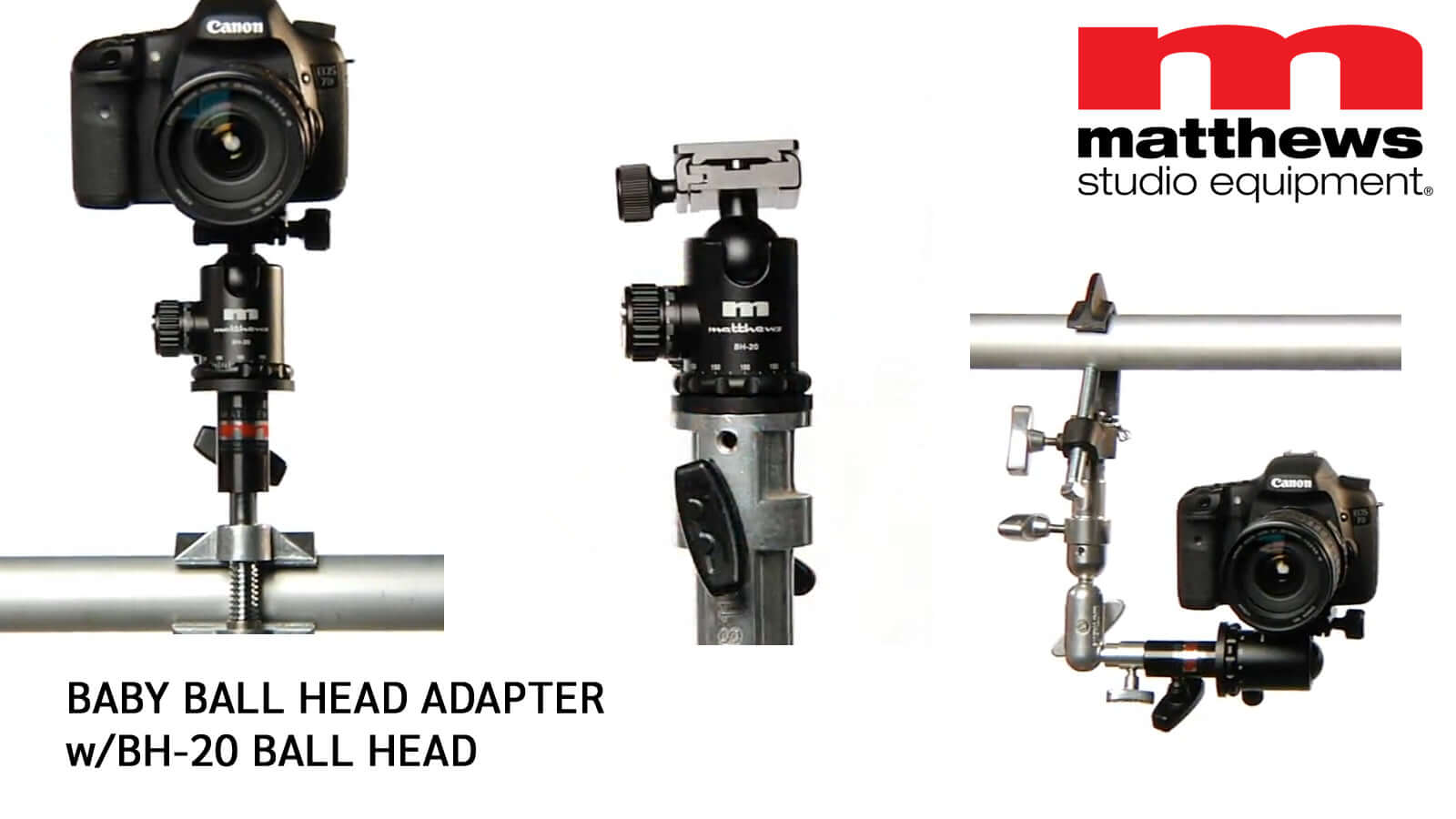 Matthews Studio Equipment Baby Ball Head Adapter with BH-20 Ball Head mounted on a camera for versatile shooting angles.