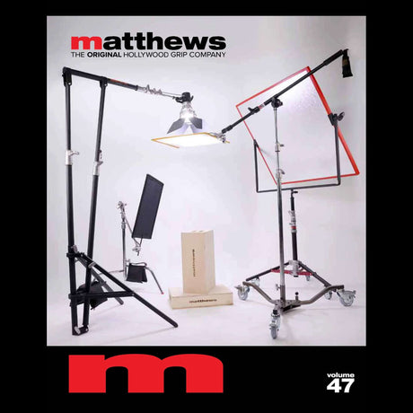 Matthews Catalog Volume 47 showcasing professional lighting and grip equipment for film production. Digital and printed options available.