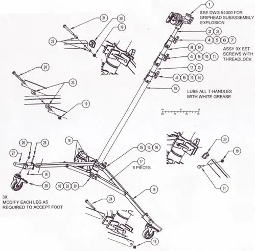 Technical diagram of a griphead assembly with instructions for modification and lubrication using white grease.