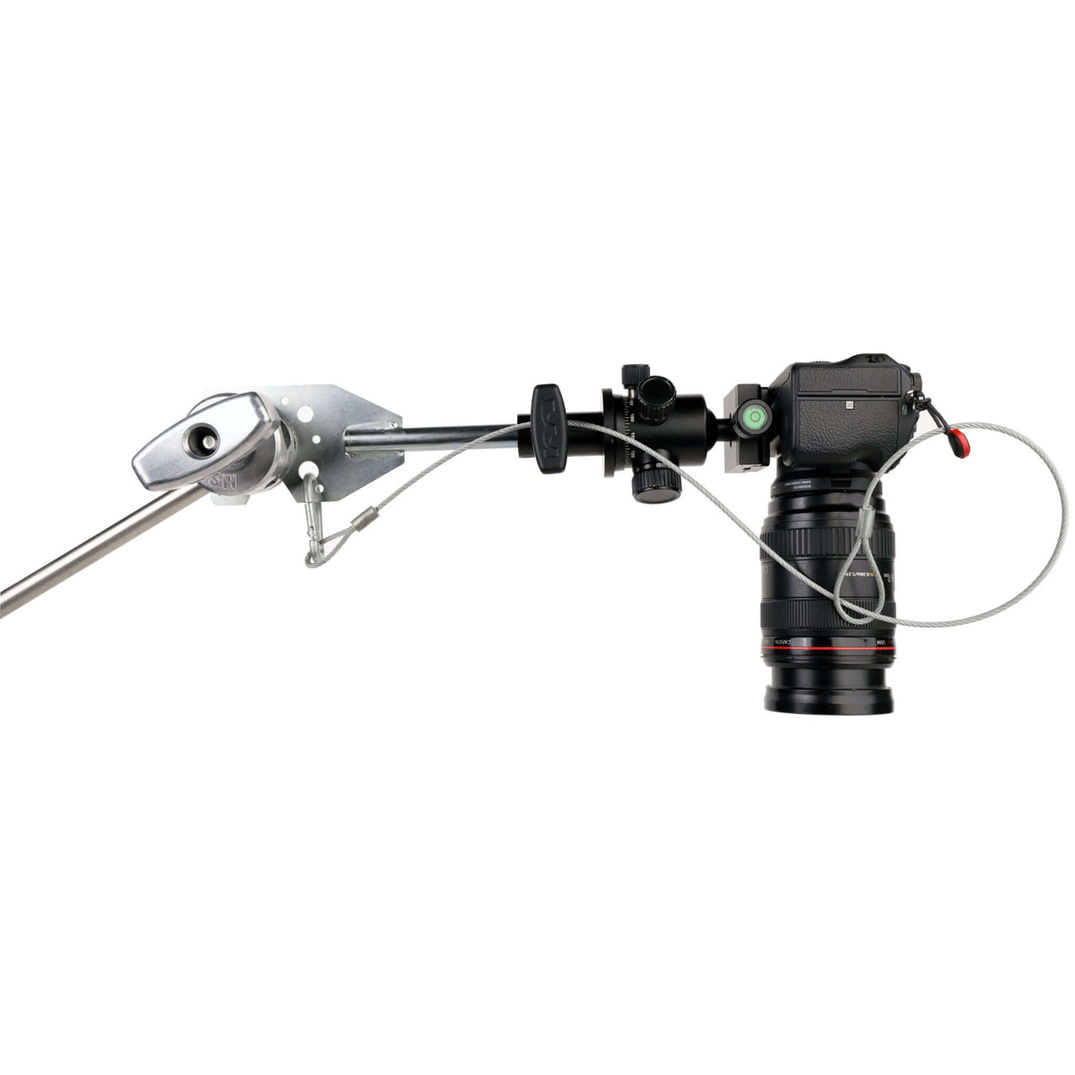 Overhead Camera Mounting Kit with Ball Head, Adapter, Grip Head, Gobo Plate Baby Pin, and Safety Cable securing a camera for creative possibilities