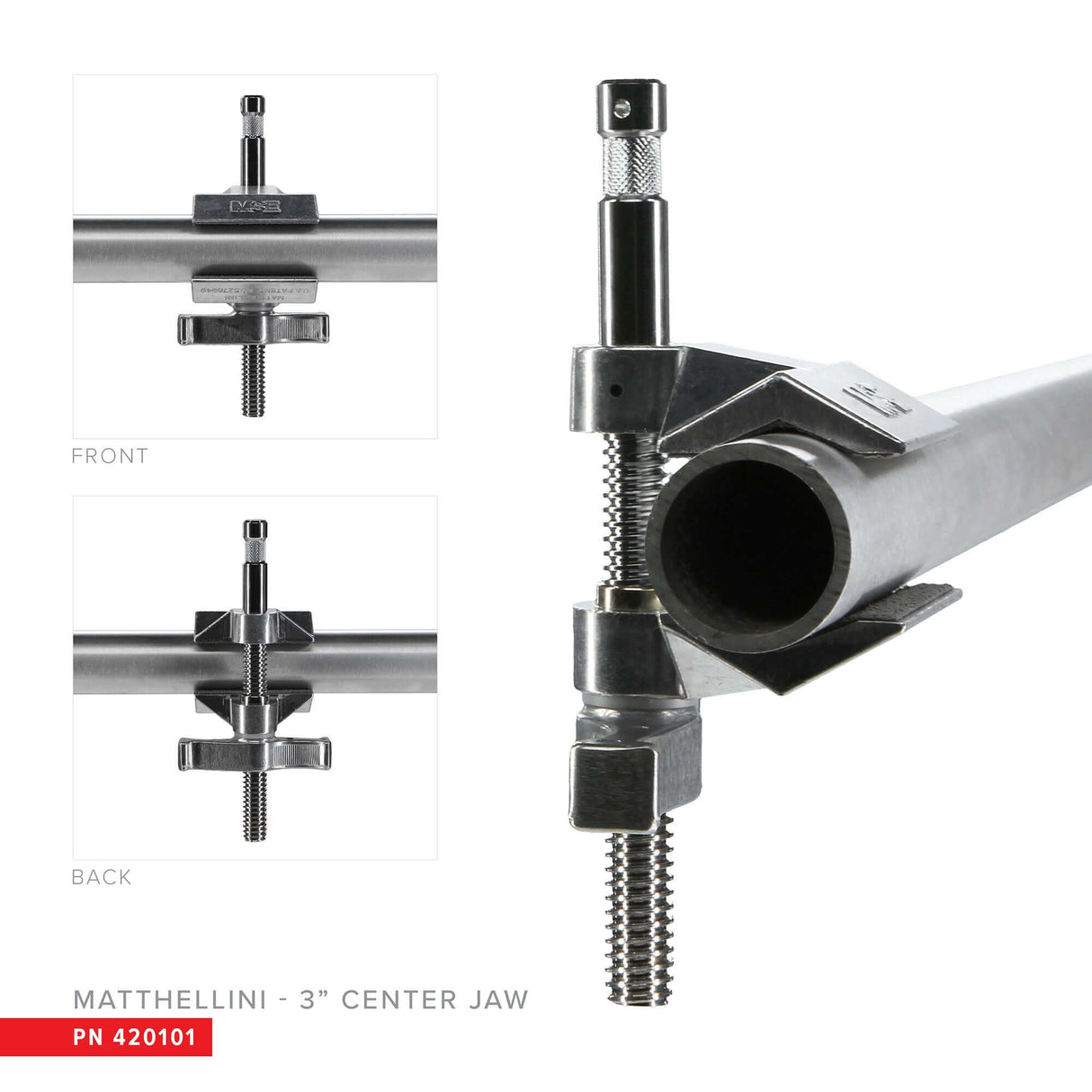 Matthellini Mounting Kit 3" Center Jaw Clamp PN 420101 securely grips tubular surface for content creators and photographers.