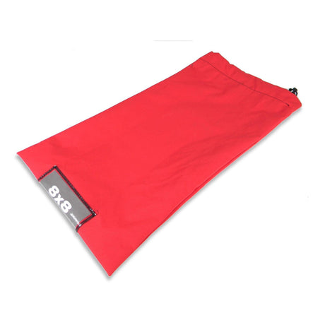 Small red rag bag made from nylon pack cloth with double drawstrings and grommets, ideal for storing butterfly and overhead rags individually.