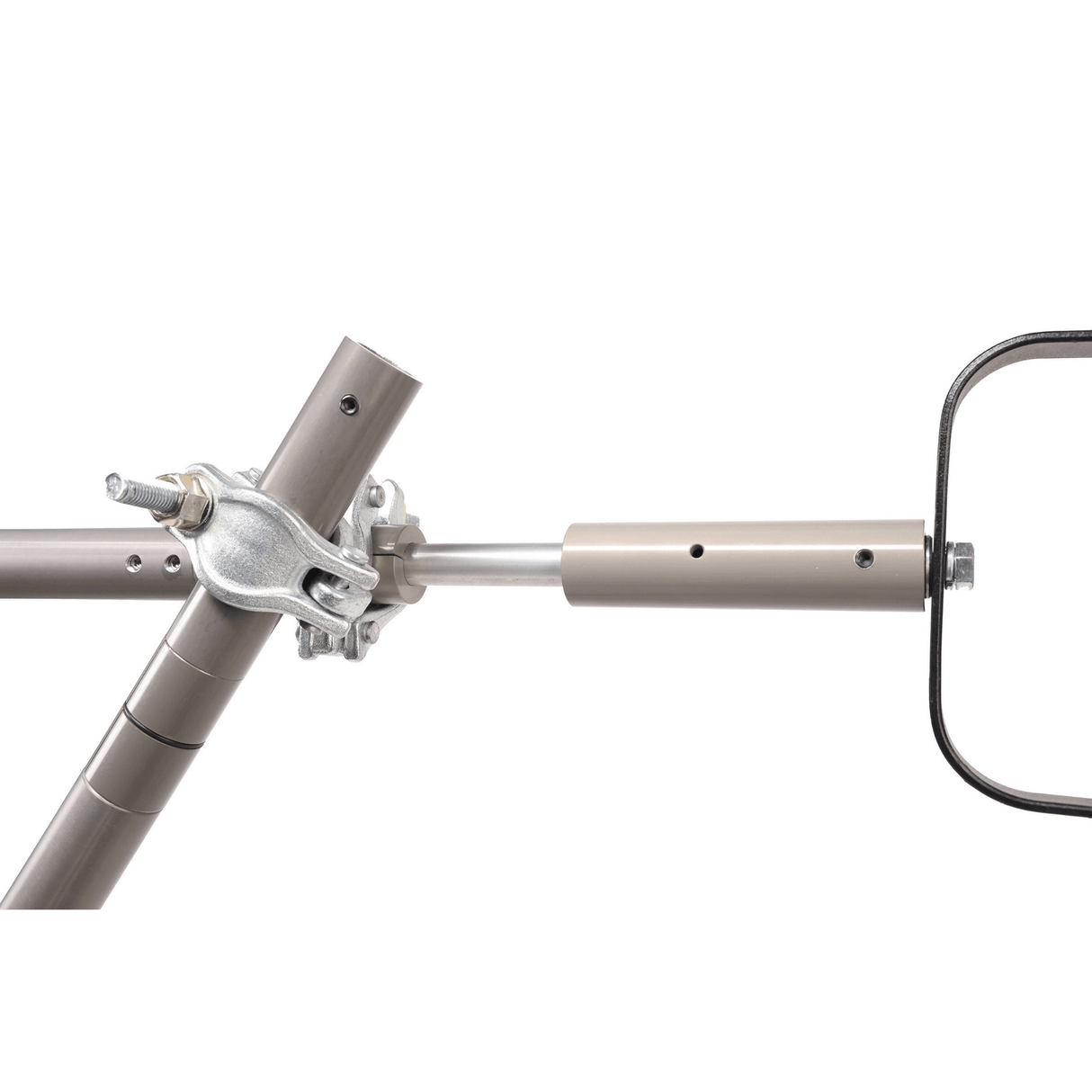 Close-up of Grip Rail's telescoping grid pipe system, showcasing adjustable components for versatile rigging.