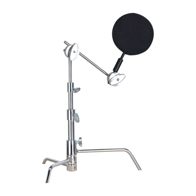 Rugged steel 5" Pocket C-Stand with double riser and sliding leg for tabletop or miniature work, featuring two functioning aluminum grip heads.