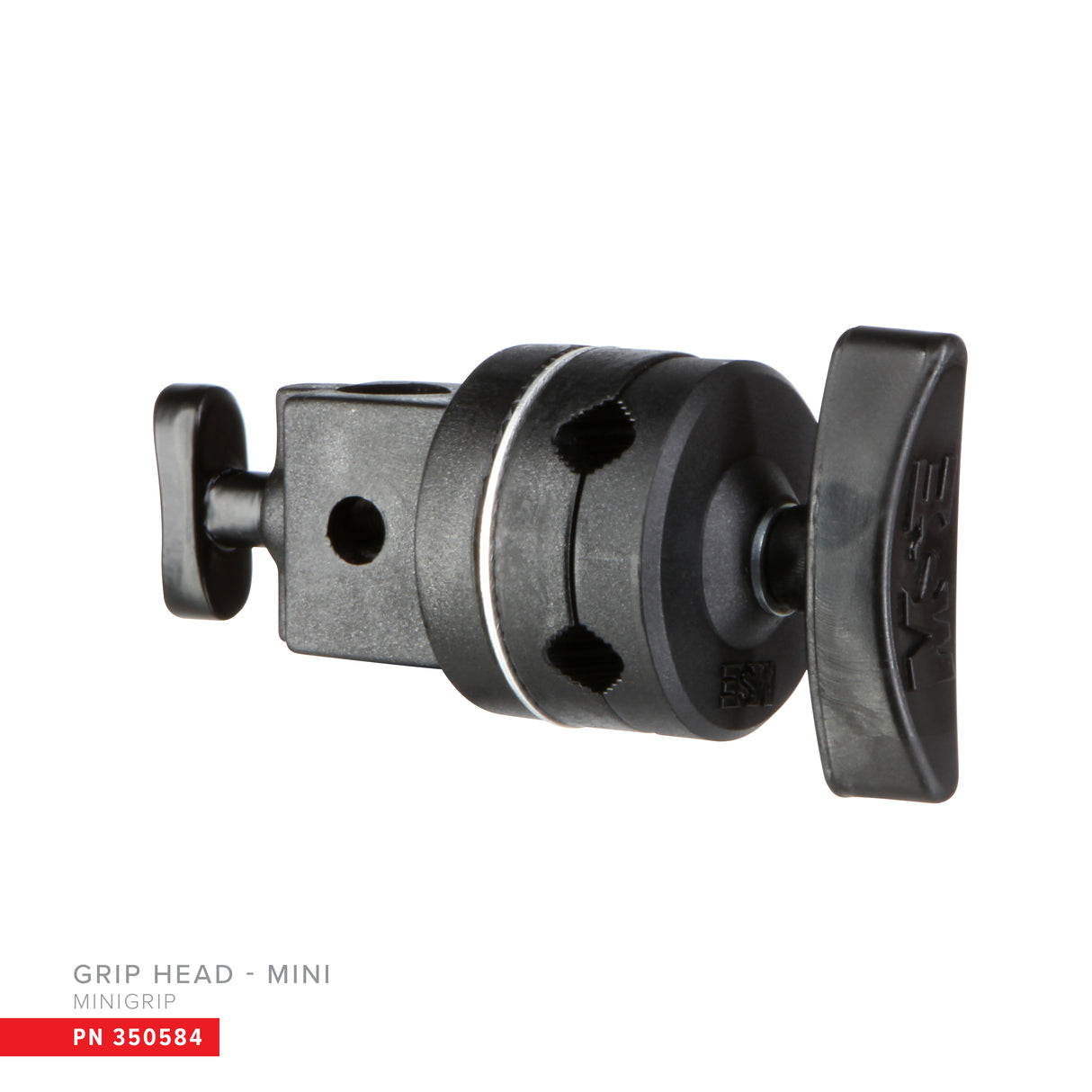 Mini Grip Head with 3/8" and 5/8" mounting holes, featuring a positive lock for secure setups in photography equipment.