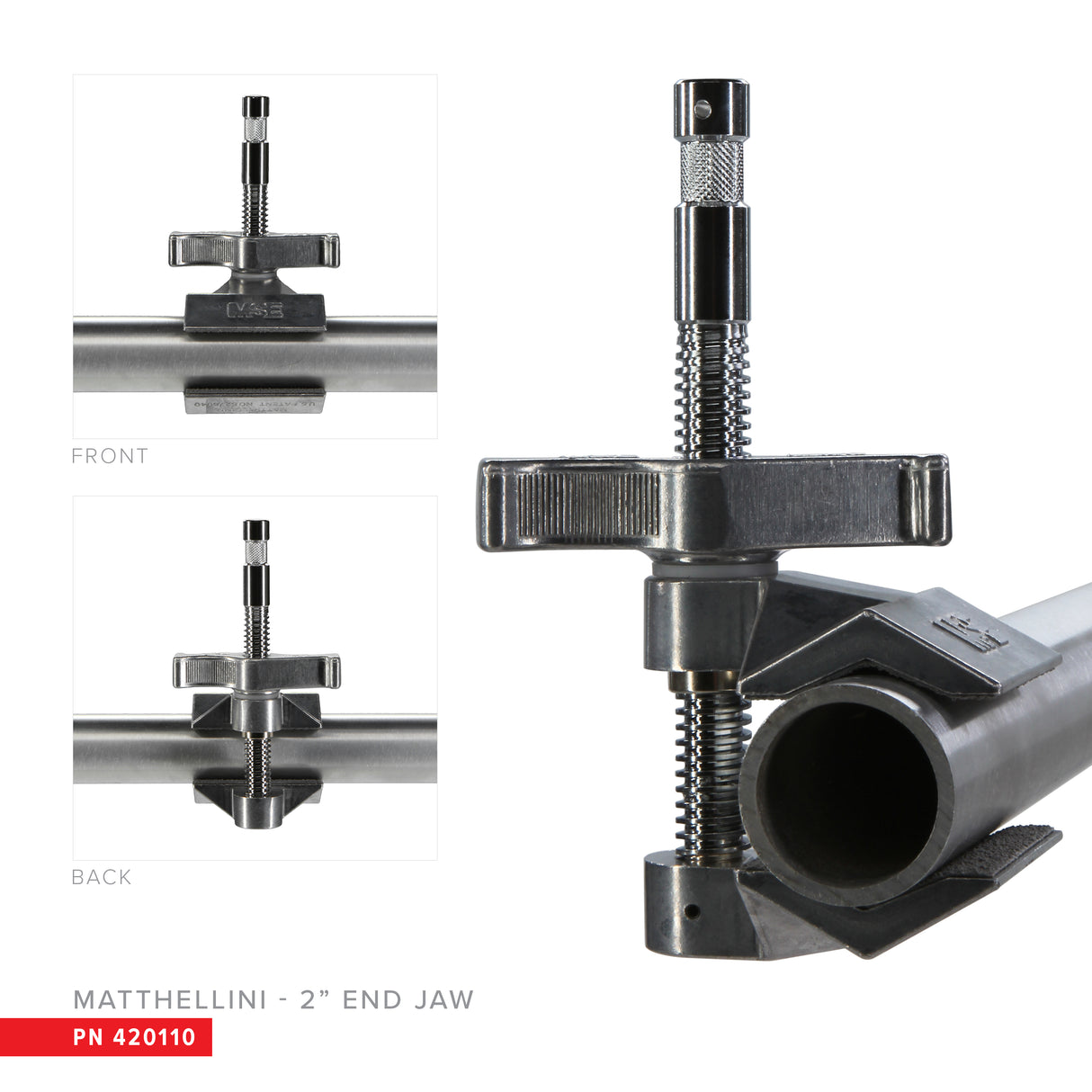 Matthellini 2" End Jaw gripping round tubing, featuring ergonomic handle design and reinforced jaws with chrome plated 1010 steel shaft