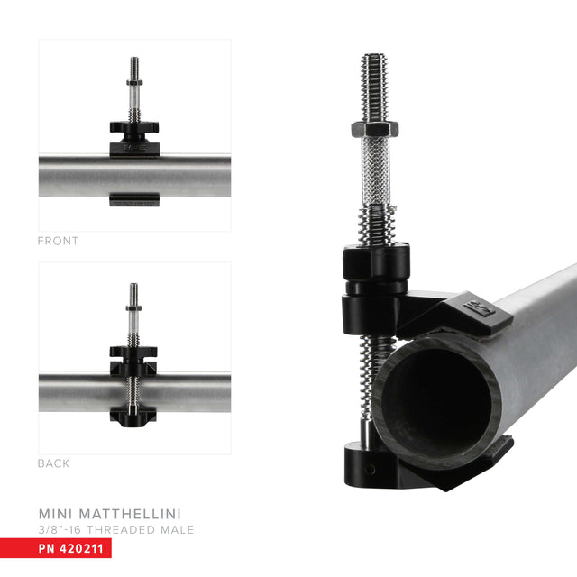 Mini Matthellini with 3/8" threaded pin gripping round tubing in various positions.