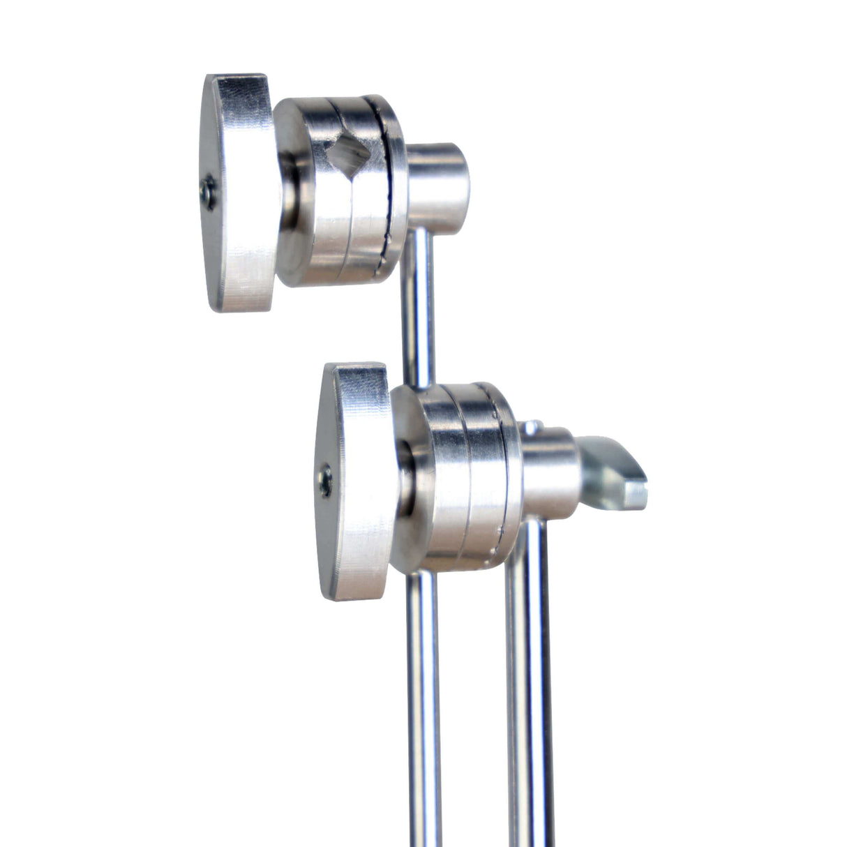 Close-up of aluminum grip heads on 5" Pocket C-Stand for tabletop or miniature work, showing double risers and rugged steel build